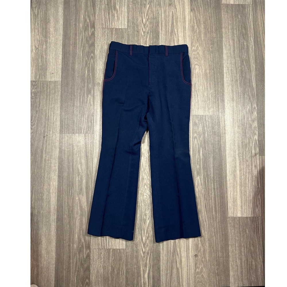 Vintage 70s The Knack Leisurewear Navy Blue Red Stitch Flare Pants 33x29.5